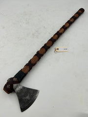 Viking-Style Hand Axe – Forged Carbon Steel Head with Leather-Wrapped Hardwood Haft