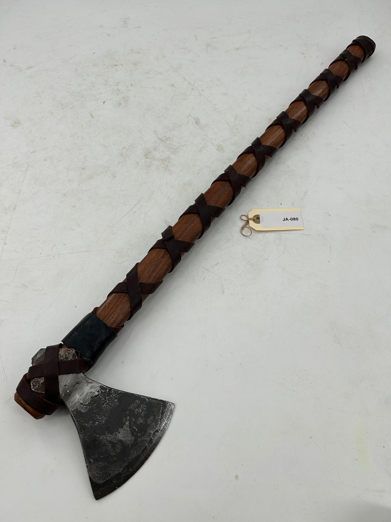 Viking-Style Hand Axe – Forged Carbon Steel Head with Leather-Wrapped Hardwood Haft