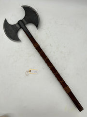 Viking Double-Bladed Battle Axe – Carbon Steel Head with Leather-Wrapped Hardwood Haft