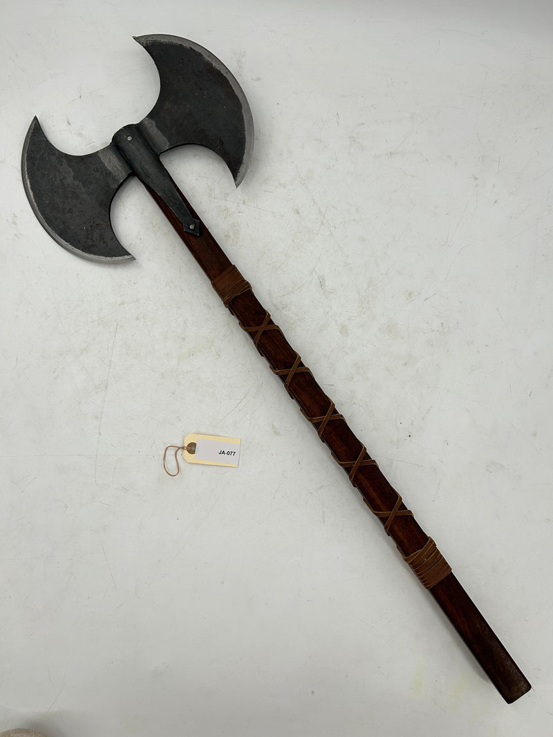 Viking Double-Bladed Battle Axe – Carbon Steel Head with Leather-Wrapped Hardwood Haft