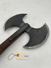 Viking Double-Bladed Battle Axe – Carbon Steel Head with Leather-Wrapped Hardwood Haft