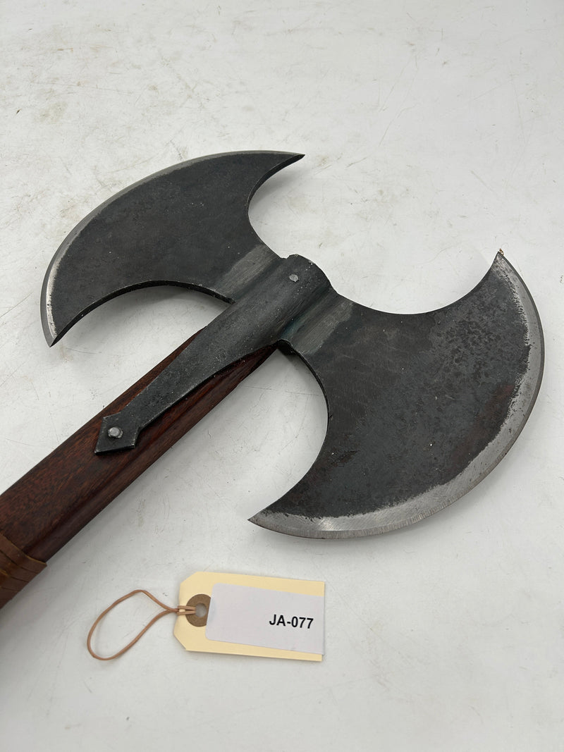 Viking Double-Bladed Battle Axe – Carbon Steel Head with Leather-Wrapped Hardwood Haft
