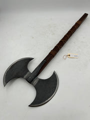 Viking Double-Bladed Battle Axe – Carbon Steel Head with Leather-Wrapped Hardwood Haft