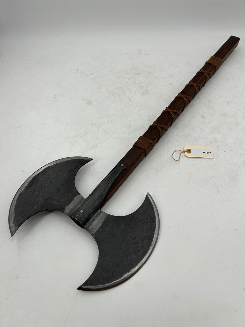 Viking Double-Bladed Battle Axe – Carbon Steel Head with Leather-Wrapped Hardwood Haft