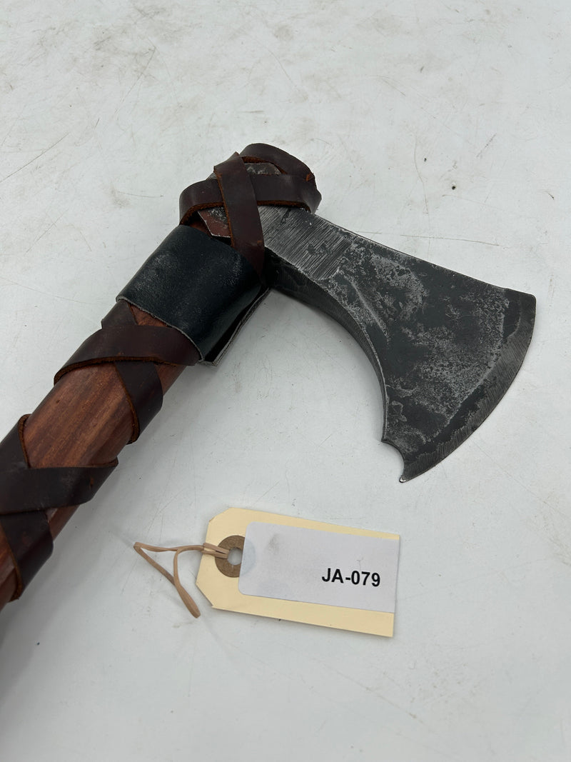 Viking-Style Hand Axe – Forged Carbon Steel Head with Leather-Wrapped Hardwood Haft
