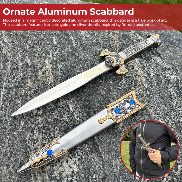 thumbnail image 2 of Imperial Elegance Roman Dagger - Gold & Silver Ornate Steel Blade With Blue Gem Accents 2 of 9
