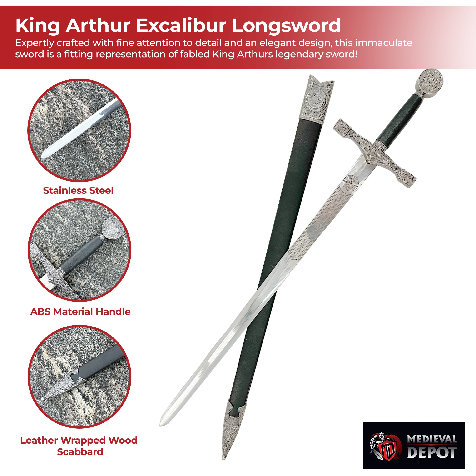 King Arthur Excalibur Replica Longsword - Silver — Medieval Depot
