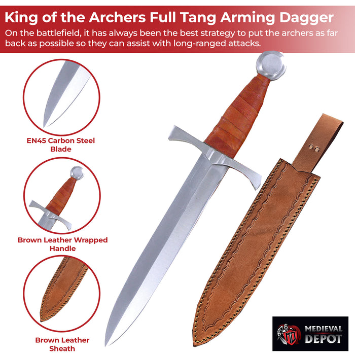 King of the Archers Full Tang Arming Dagger with Brown Leather Handle