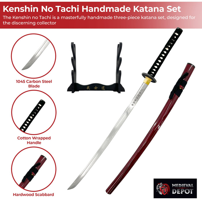 Kenshin no Tachi Handmade Three-Piece Katana Set with Stand