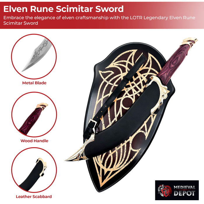 LOTR Legendary Elven Rune Scimitar Sword with Plaque
