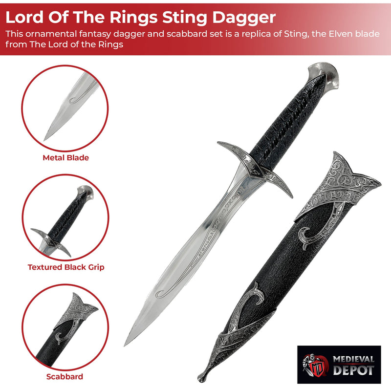 Lord of the Rings Sting Dagger – 11-Inch Elven Blade with Scabbard and Runic Inscription