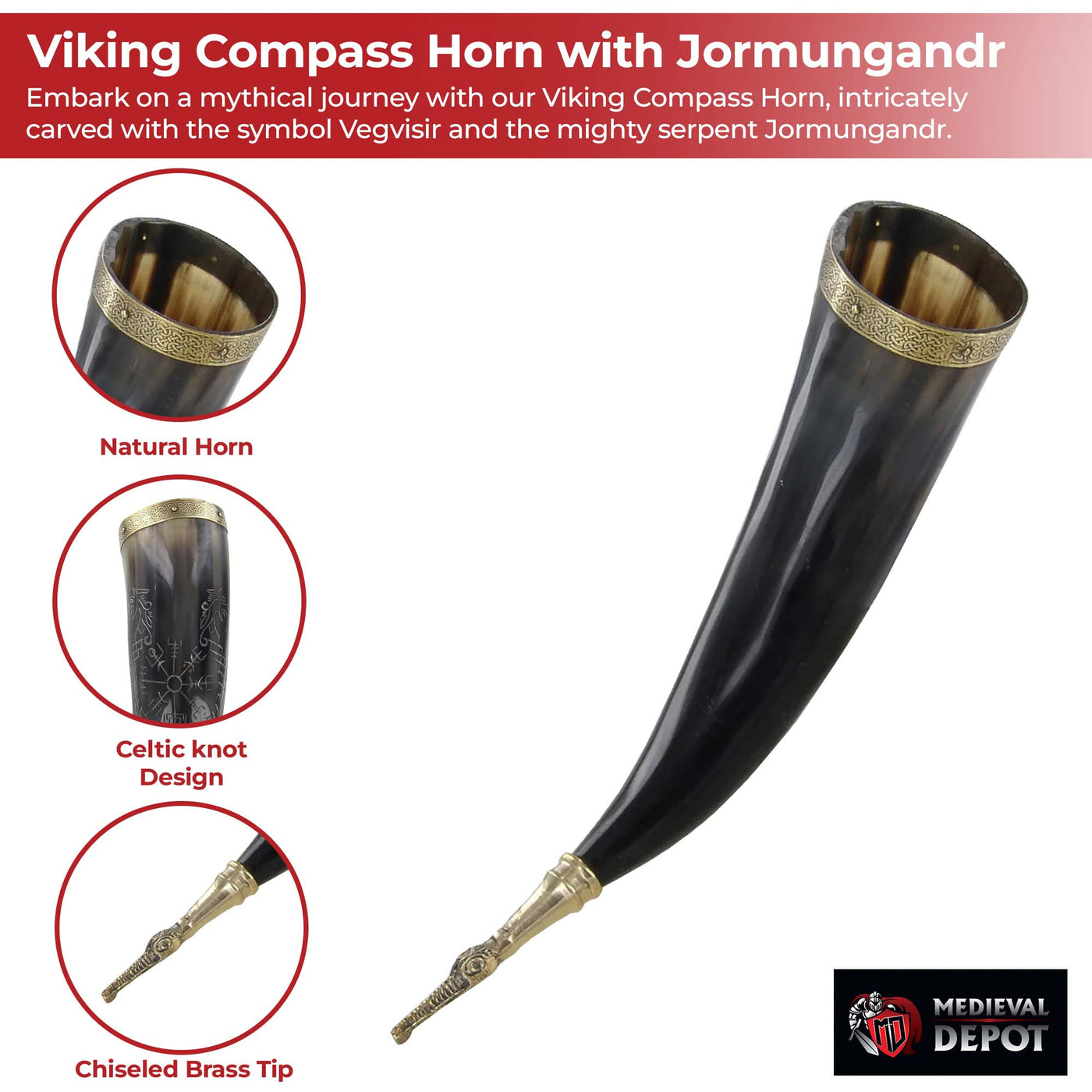Navigators Serpent Viking Compass Horn with Jormungandr — Medieval Depot