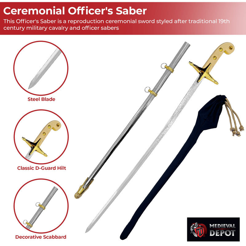 Officer's Saber – 38-Inch Ceremonial Sword with Decorative Metal Scabbard and Velvet Bag