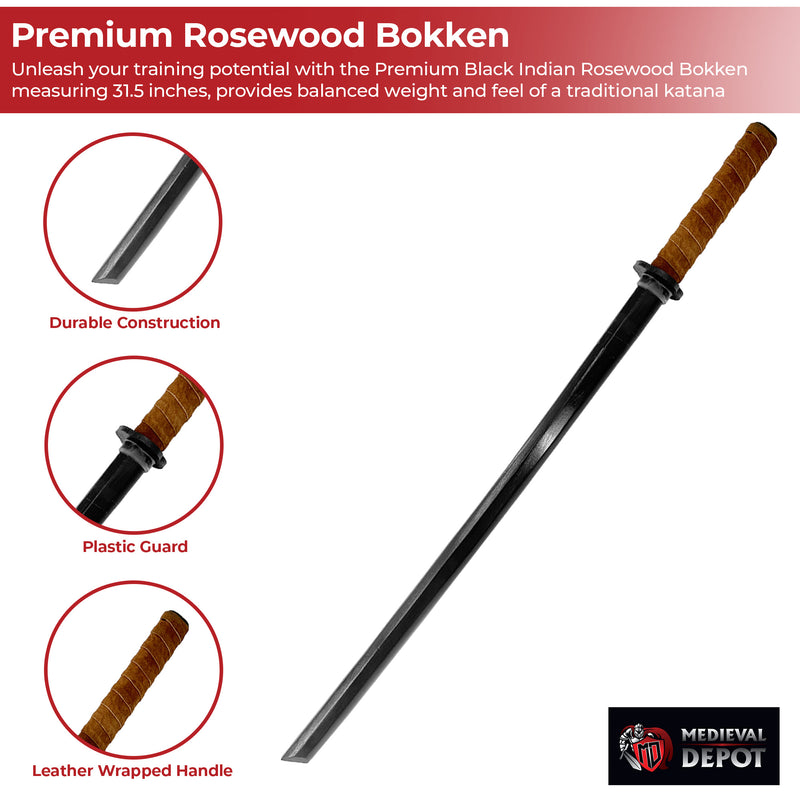 Premium Black Indian Rosewood Bokken with Genuine Leather Wrapped Handle