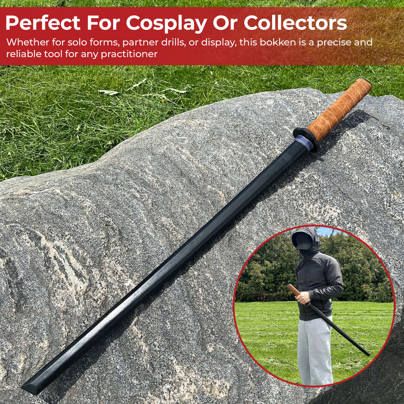 Premium Black Indian Rosewood Bokken with Genuine Leather Wrapped Handle