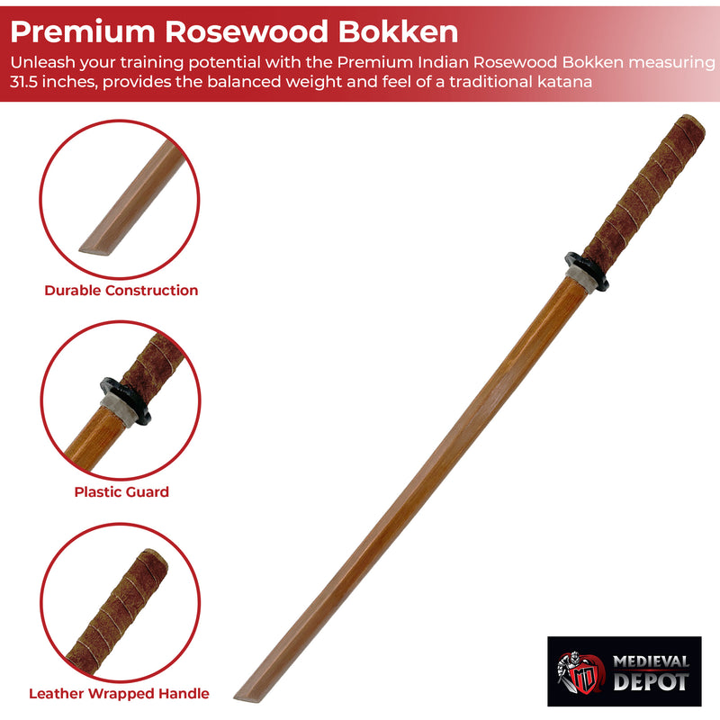 Premium Indian Rosewood Bokken with Genuine Leather Wrapped Handle