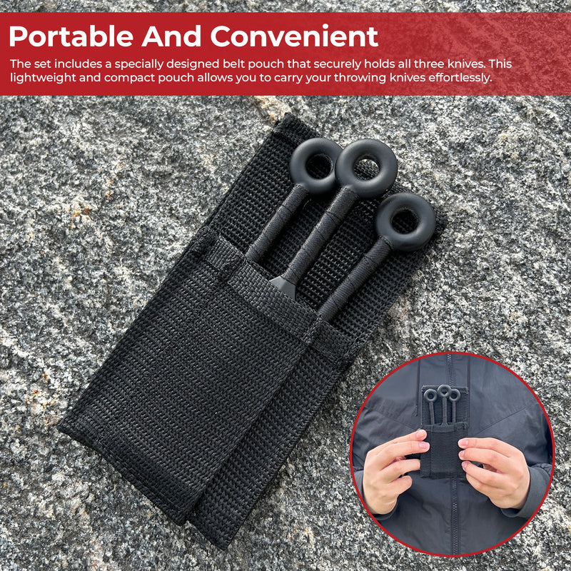 Shadow Strike Trio Black Wrapped Mini Kunai Throwing Knives Set with Belt Pouch