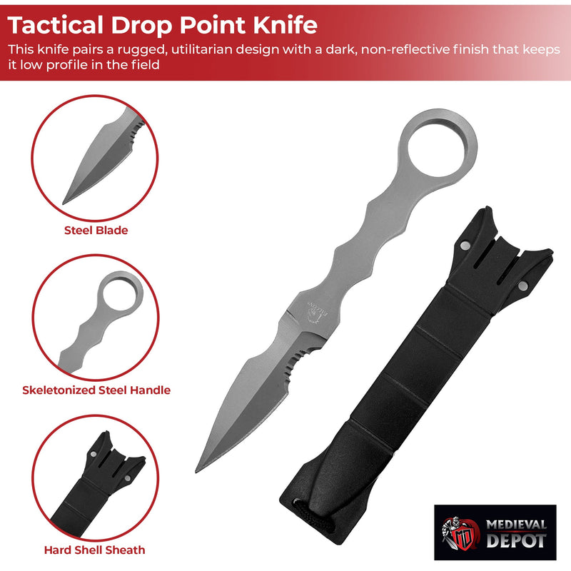 Tactical Drop-Point Knife – Steel Blade with Skeletonized Handle and ABS Sheath