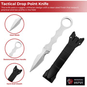 Tactical Drop-Point Knife – Steel Finish with Skeletonized Handle and ABS Sheath