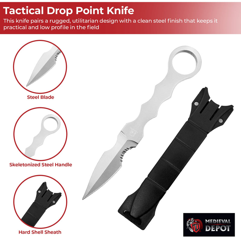 Tactical Drop-Point Knife – Steel Finish with Skeletonized Handle and ABS Sheath
