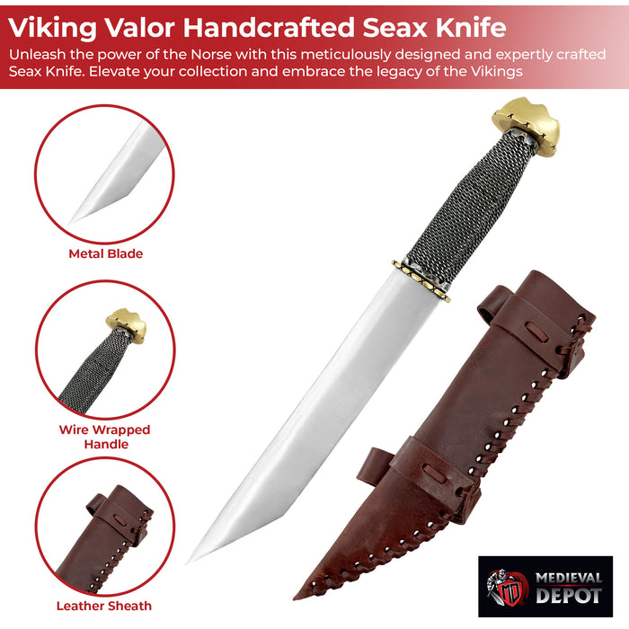Viking Valor Handcrafted Stainless Steel Seax Knife with Wire-Wrapped Handle