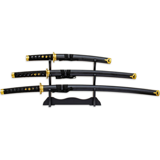 Black Dragon Three Piece Katana Sword Set with Desktop Stand