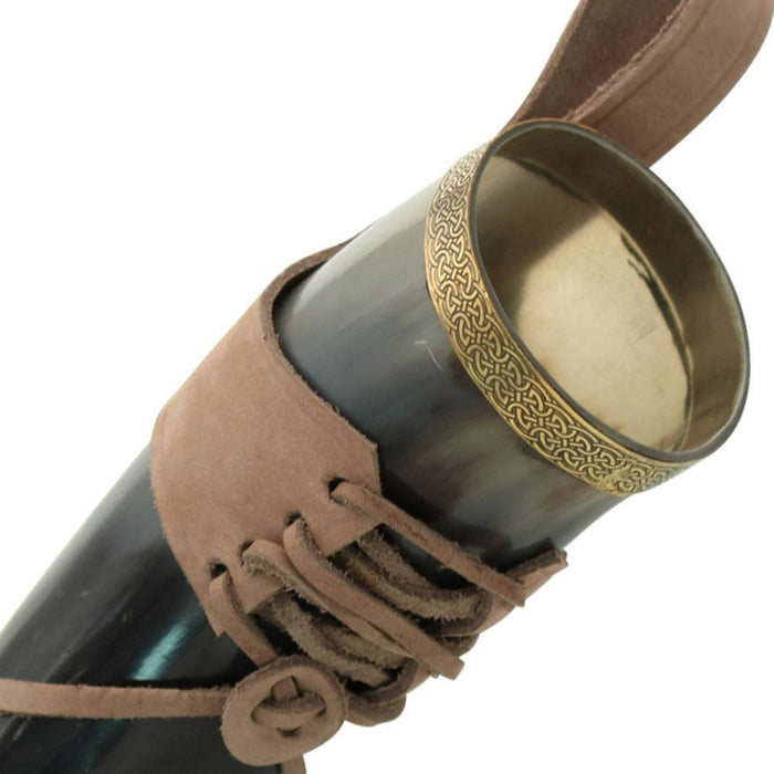 Celtic Elegance Brass Adorned Medieval Drinking Horn with Leather Holder