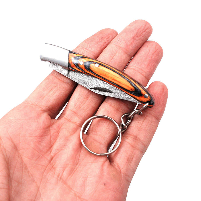 Miniature Damascus Steel Keychain Pocket Knife Wood Handle