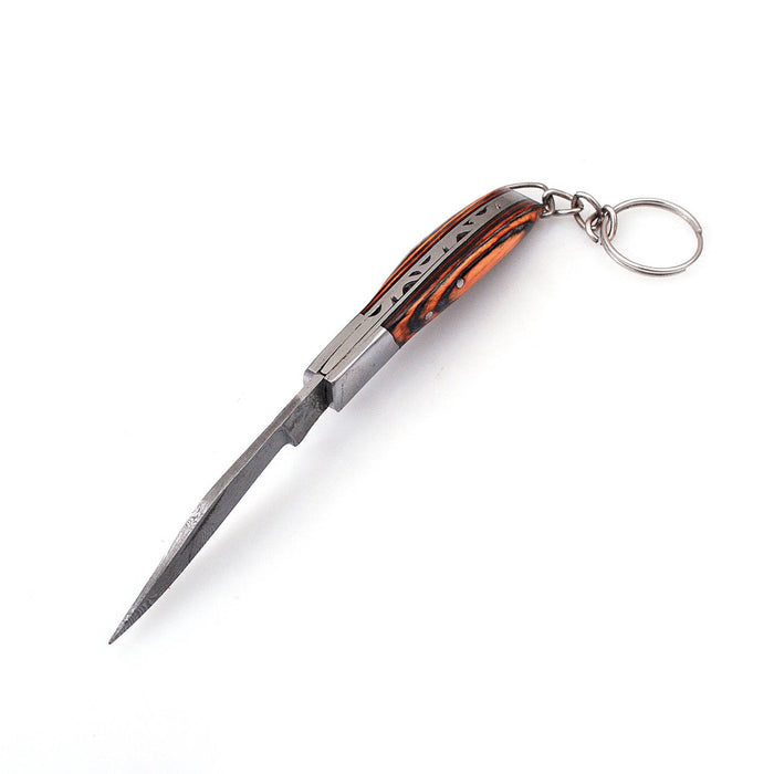 Miniature Damascus Steel Keychain Pocket Knife Wood Handle