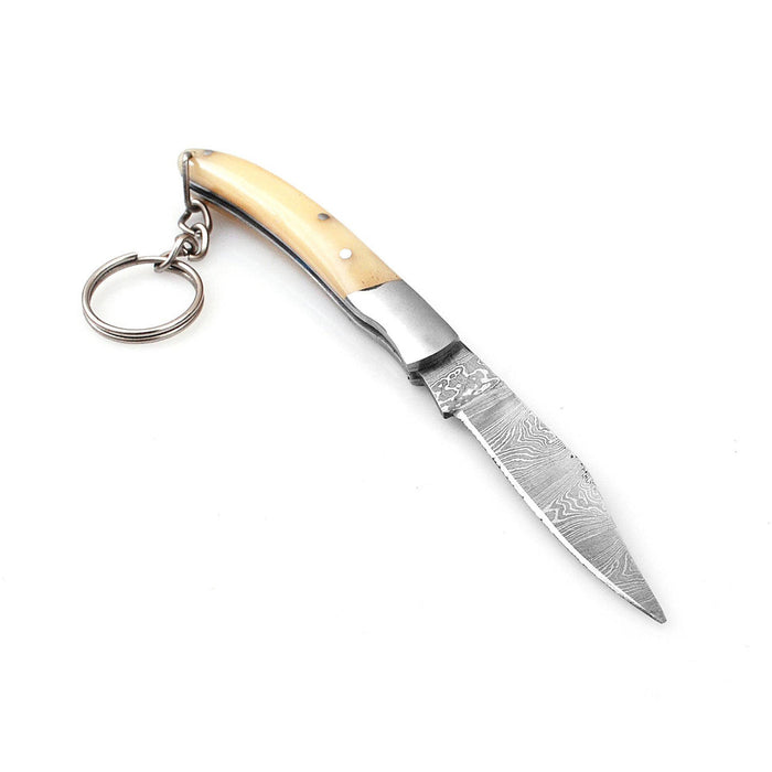 Miniature Damascus Steel Keychain Pocket Knife Bone Handle