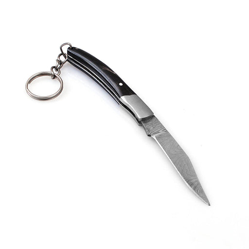 Miniature Damascus Steel Keychain Pocket Knife Cow Horn Handle