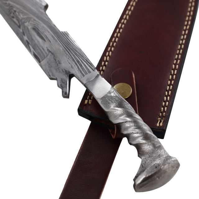 Damascus Steel Collectable Railroad Spike Knife with Leather Sheath