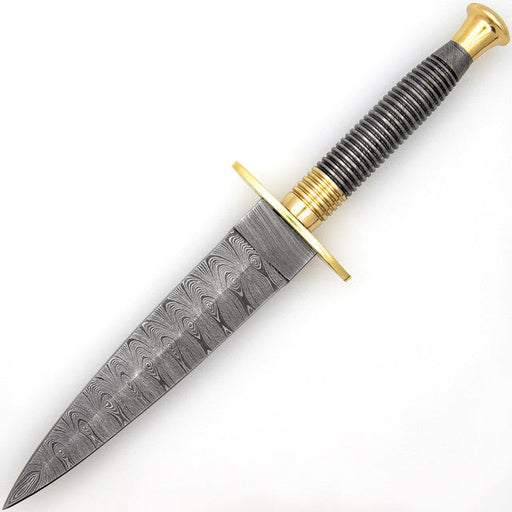Full Damascus Steel Commando Knife with Brass Fittings and Leather Sheath