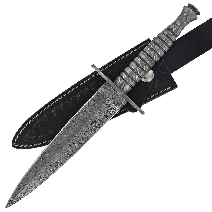 Full Damascus Steel Commando Knife with Leather Sheath