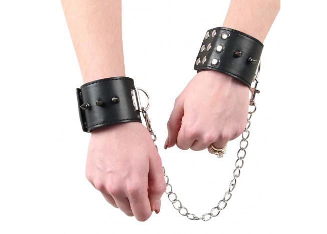 Deep Black Leather & Steel Wrist Restraints - Medieval Depot