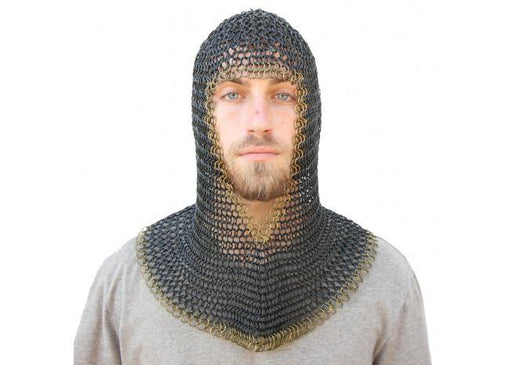 Medieval V Brass Face Mild Steel Chainmail Coif Armor - Medieval Depot