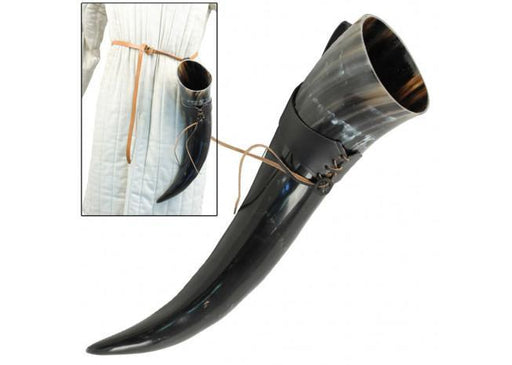 XL Drinking Horn with Black Leather Belt Frog - Medieval Depot