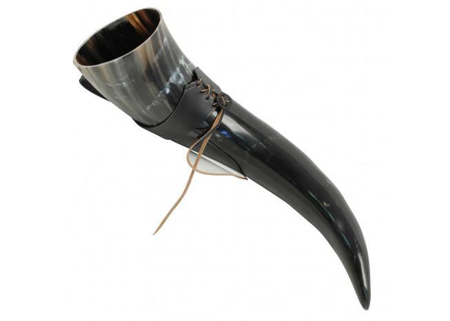 XL Drinking Horn with Black Leather Belt Frog - Medieval Depot
