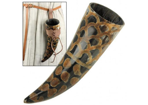 Scales Medieval Drinking Horn with Brown Leather Holder - Medieval Depot