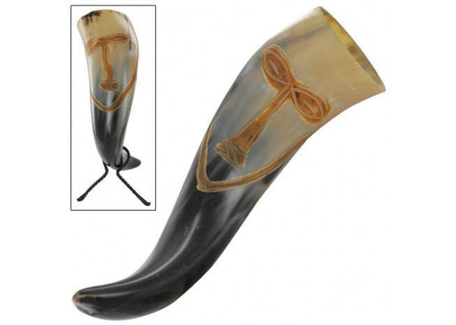 Vroulike Tribal Face Drinking Horn with Hand Forged Rack - Medieval Depot