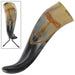 Vroulike Tribal Face Drinking Horn with Hand Forged Rack - Medieval Depot