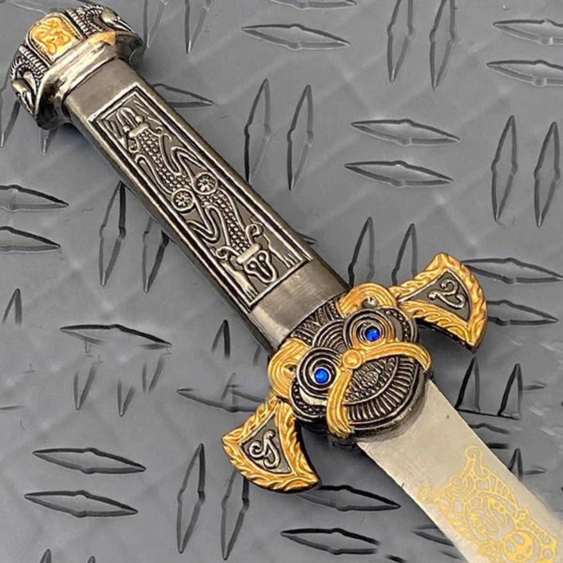 thumbnail image 2 of Imperial Elegance Roman Dagger - Gold & Silver Ornate Steel Blade With Blue Gem Accents 2 of 9