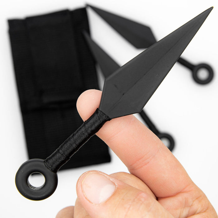 Shadow Strike Trio Black-Wrapped Mini Kunai Throwing Knives Set with Belt Pouch