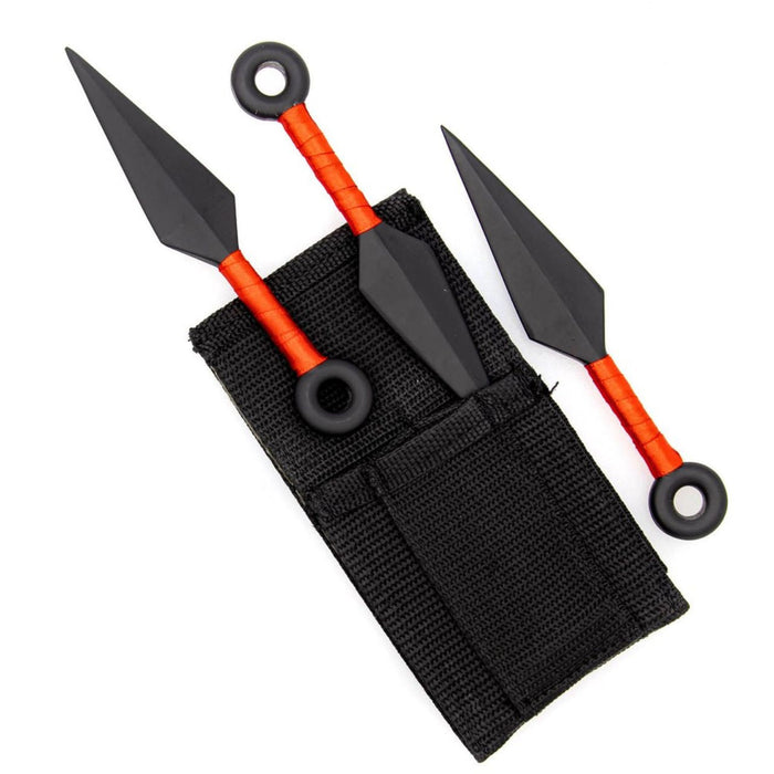 Shadow Strike Trio Red-Wrapped Mini Kunai Throwing Knives Set with Belt Pouch