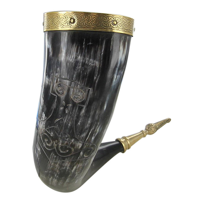 Thunderous Toast Viking Horn with Hand Etched Mjolnir Design