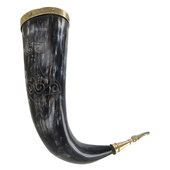 Thunderous Toast Viking Horn with Hand Etched Mjolnir Design
