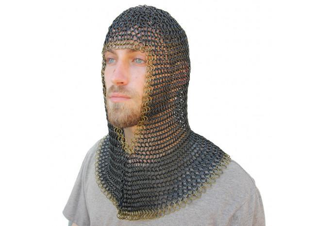 Medieval V Brass Face Mild Steel Chainmail Coif Armor - Medieval Depot