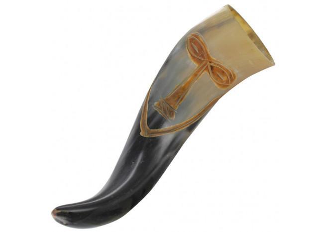Vroulike Tribal Face Drinking Horn with Hand Forged Rack - Medieval Depot